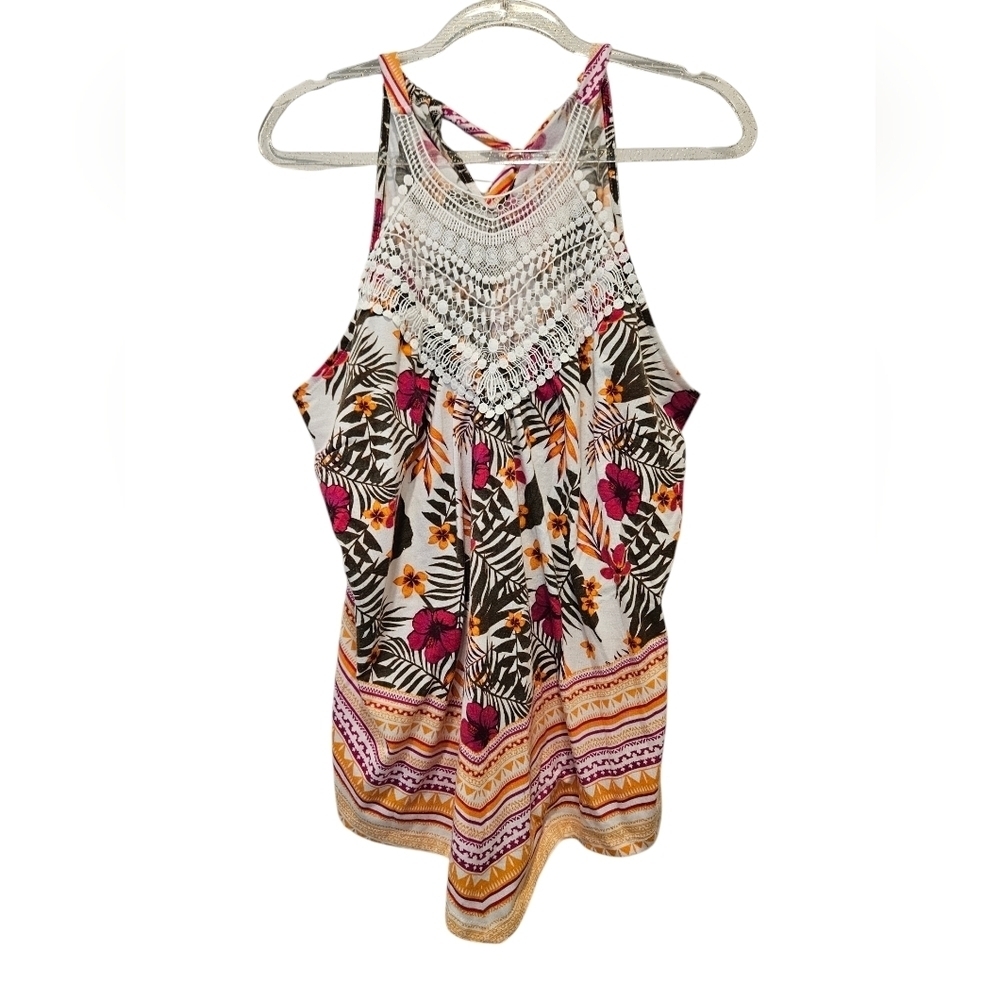 Cato Floral and striped crochet lace tie back sleeves top